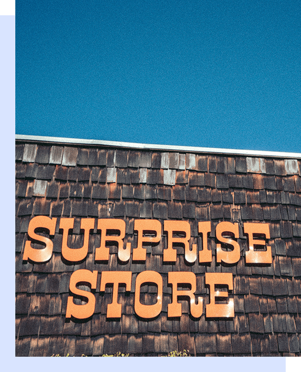 A sign that says surprise store on the side of a building.